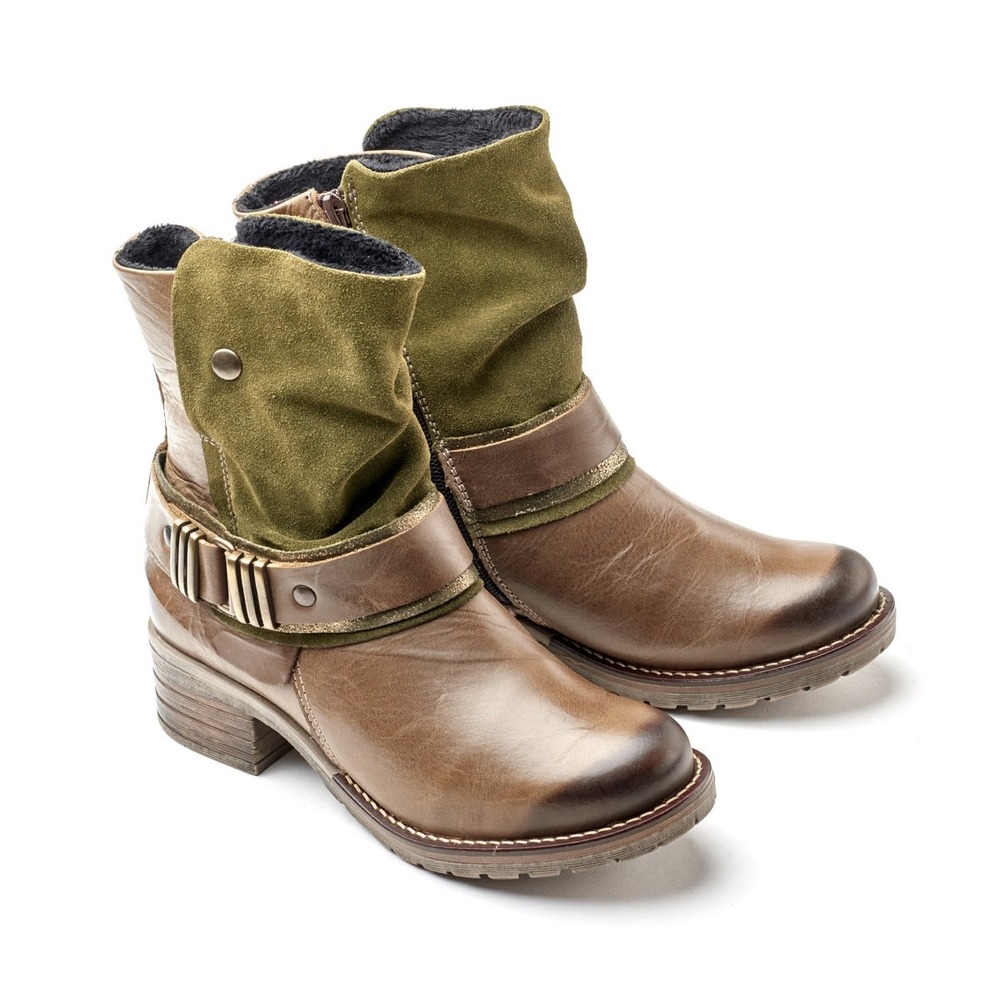 Dromedaris Kikka Leather & Suede Boho Artsy Chunky Moto Boot Green/Brown Size 36